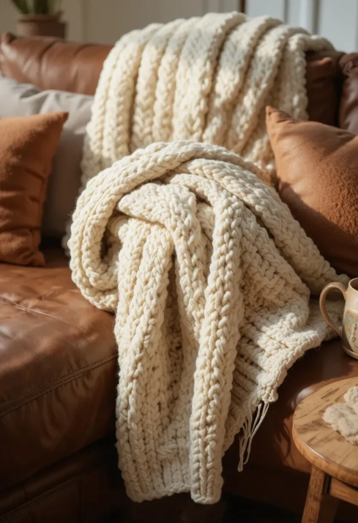 Chunky cream knit blanket draped over brown leather sofa with linen cushion rust pillow and ceramic mug in warm morning light