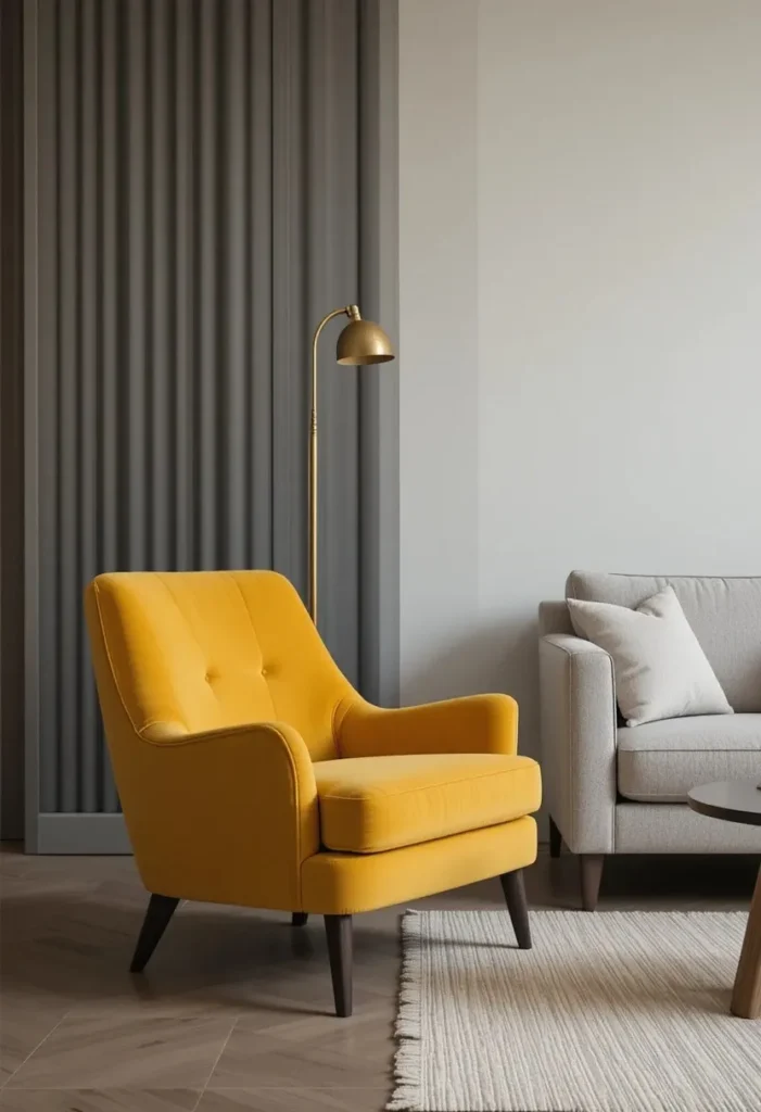 Grey couch living room with mustard yellow accent chair brass floor lamp and cream rug styling