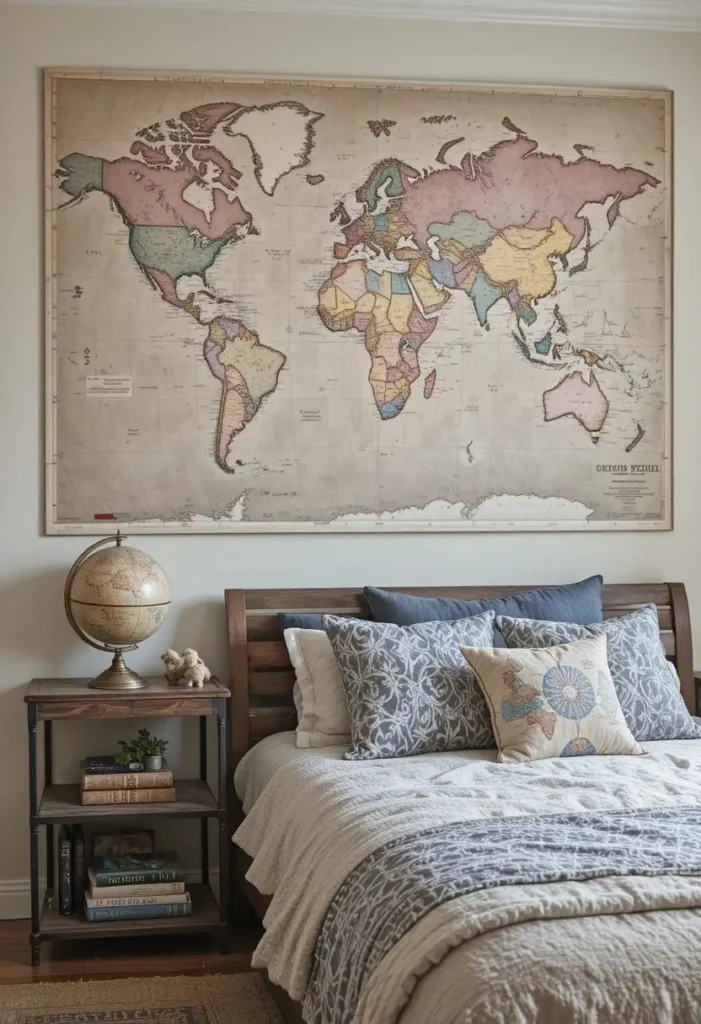 Travel themed teenage bedroom with world map wall art and globe decor