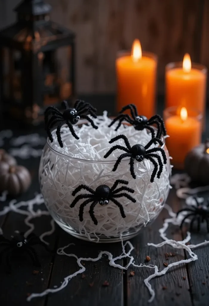 Cute handmade black pipe cleaner spiders with googly eyes displayed in a glass bowl with fake cobwebs for Halloween decor