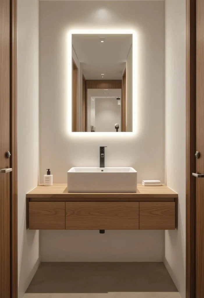 Floating wood vanity with LED underglow in a small full bathroom creating an open and modern feel
