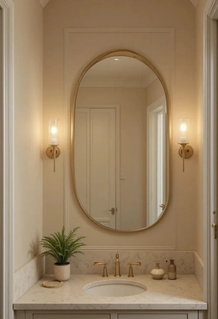 Spa like bathroom with warm neutral beige walls, brass mirror, wall sconces and minimalist decor