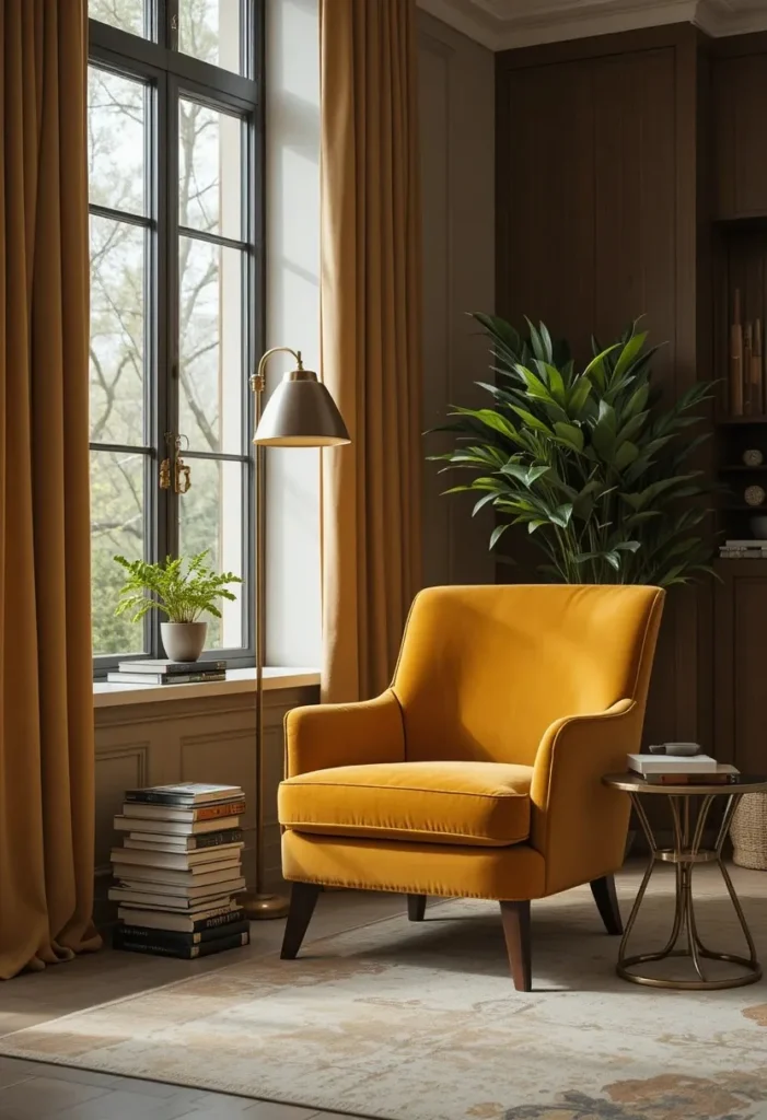 Golden yellow velvet armchair creating a cozy reading corner.
