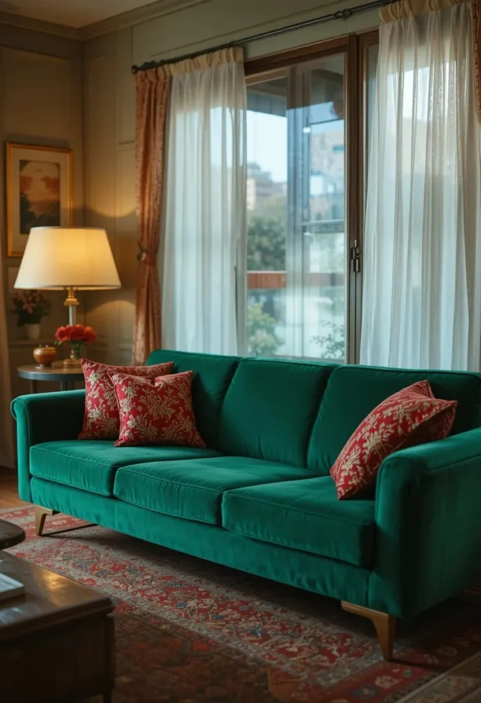 Emerald green velvet sofa in a retro 70s living room