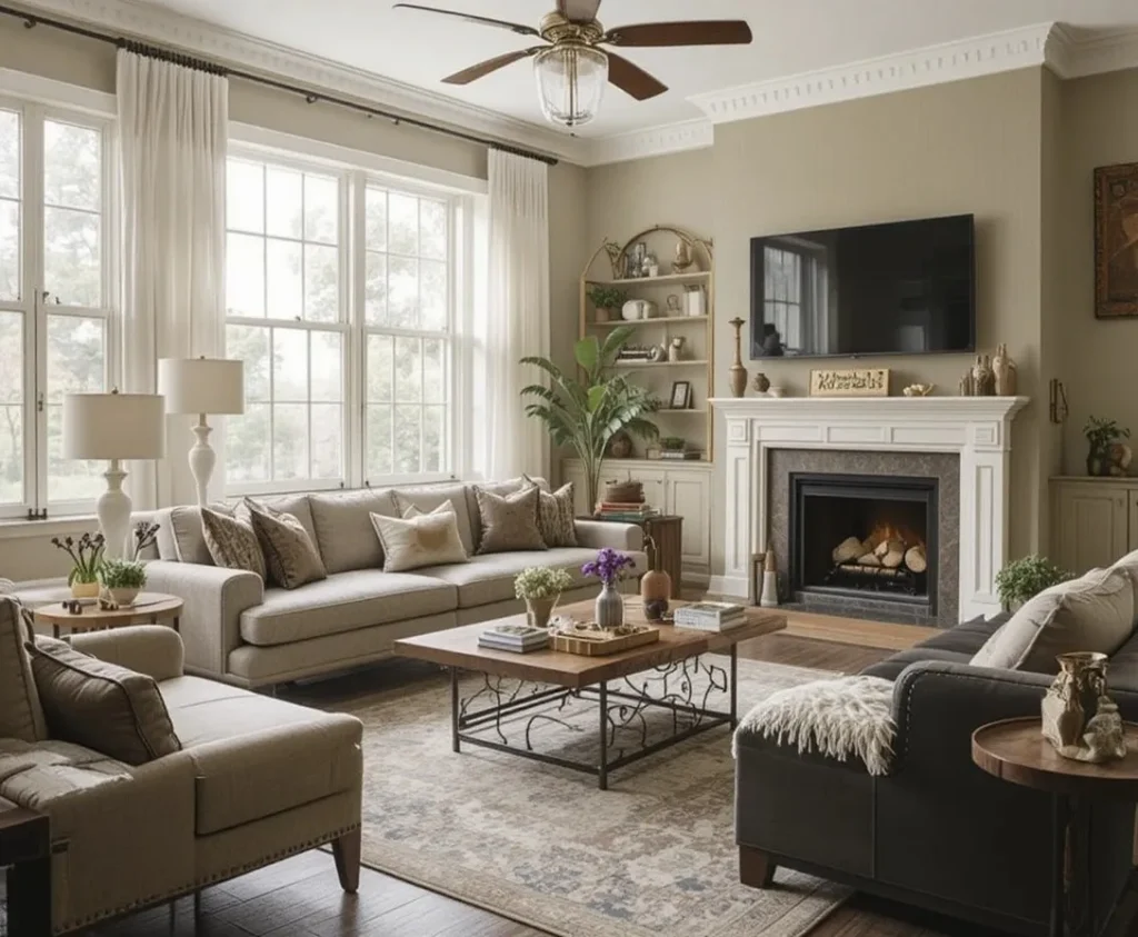 Warm neutral living room with beige walls, linen sofa and wooden coffee table
