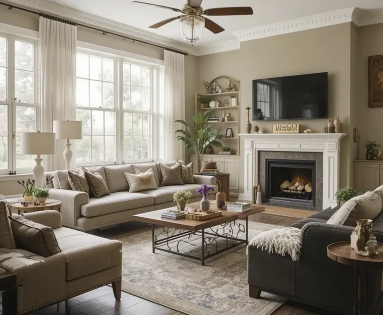 Warm neutral living room with beige walls, linen sofa and wooden coffee table