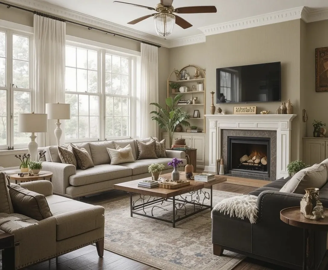Warm neutral living room with beige walls, linen sofa and wooden coffee table