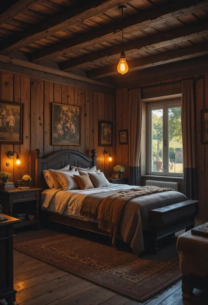 Warm Edison bulb lighting in a cozy rustic bedroom
