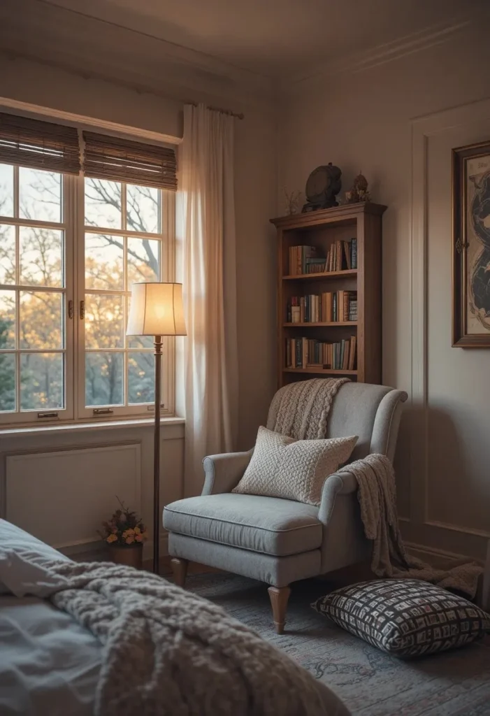  Cozy reading nook in teen bedroom with armchair and warm floor lamp