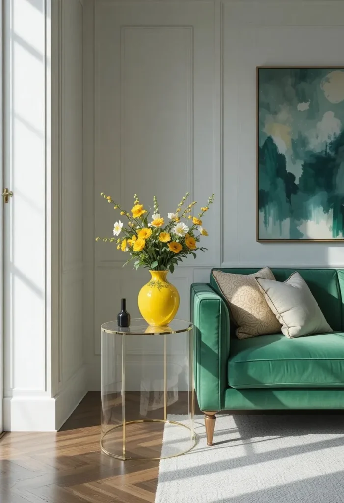  A clear acrylic side table beside an emerald green velvet sofa in a modern white living room with a yellow vase on top.