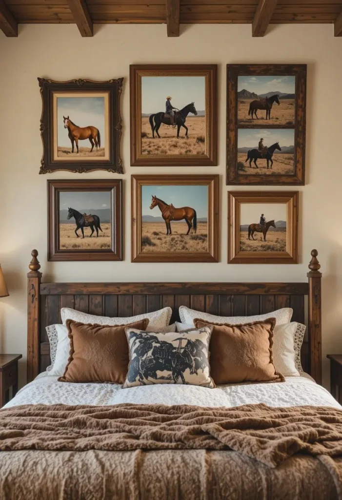 Rustic gallery wall with western-themed artwork above bed
