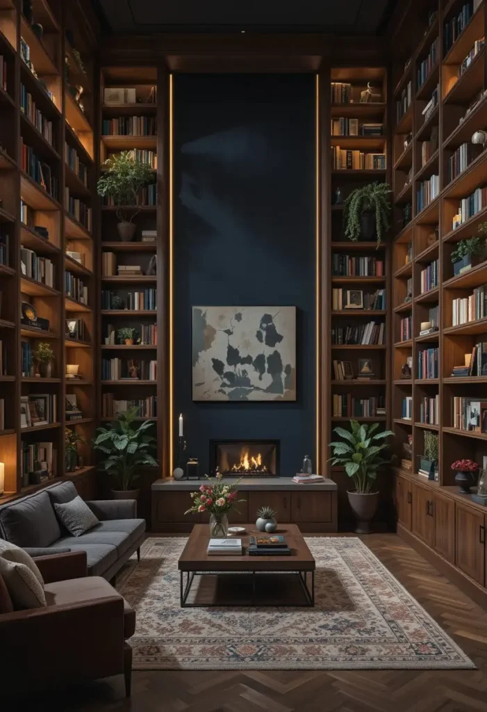  Sunken living room with floor to ceiling walnut bookshelves glowing LED lighting and deep navy accent wall