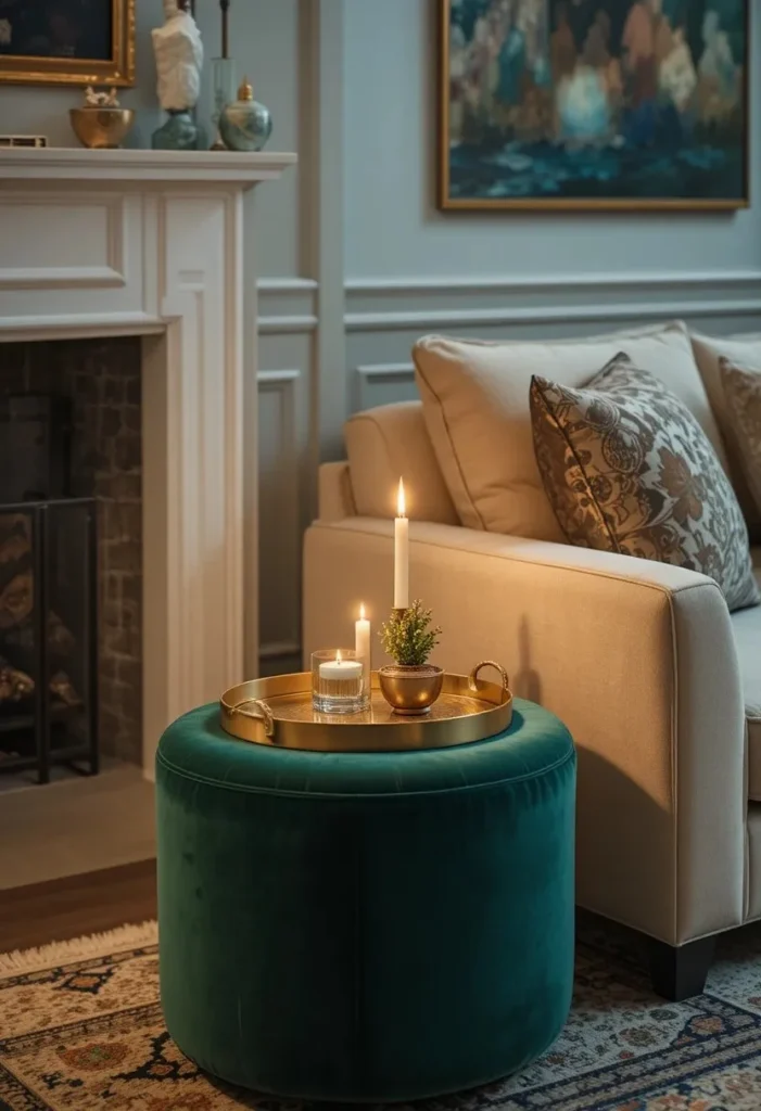 An emerald green velvet ottoman used as a side table beside a cream sofa with a gold tray and candles in a cozy living room.