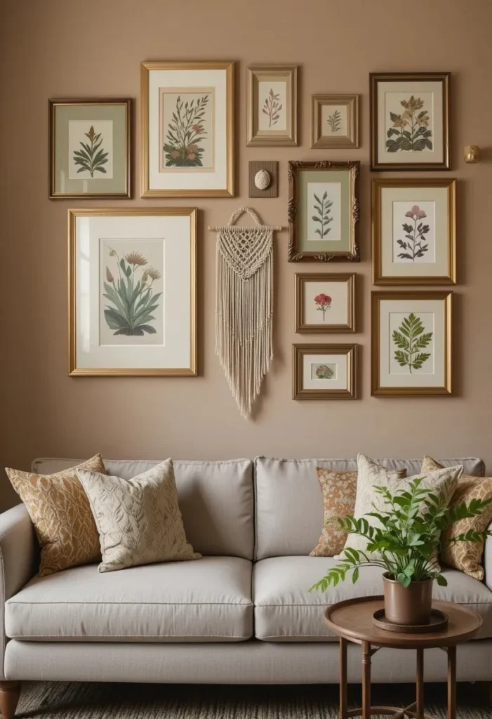 Boho gallery wall with mismatched frames vintage botanical prints macramé and abstract art above linen sofa