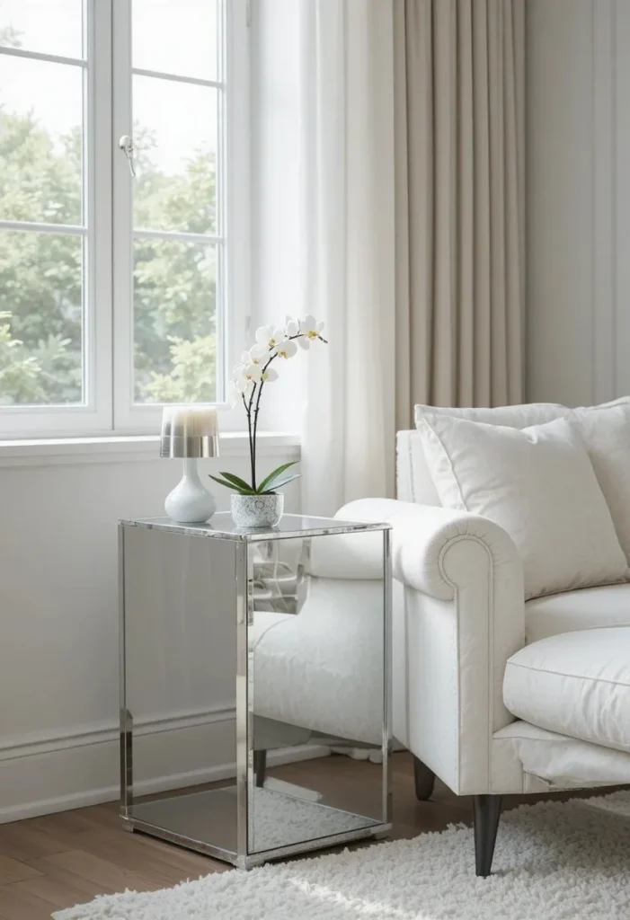 A mirrored glass side table beside a white sofa in a bright small living room reflecting natural light with a white orchid on top.