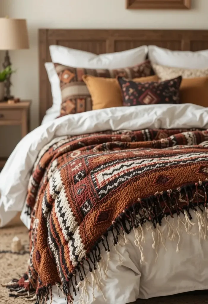 Western bedroom bed with patterned Navajo-style woven blanket
