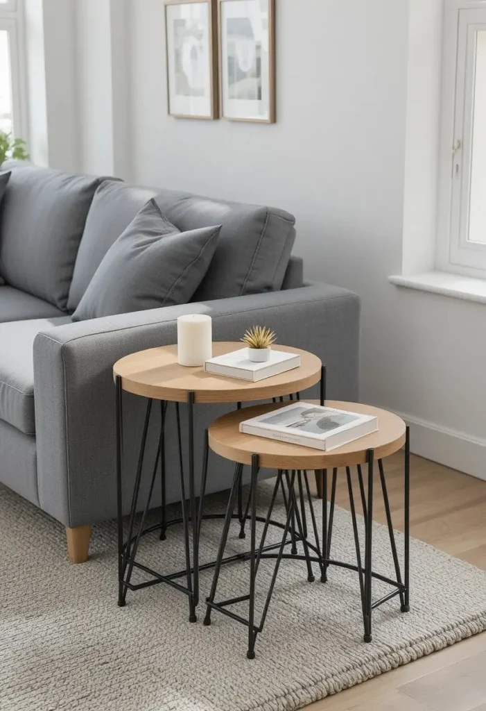 Three nesting side tables in oak and black metal beside a grey sectional sofa each styled with candles books and small plants.