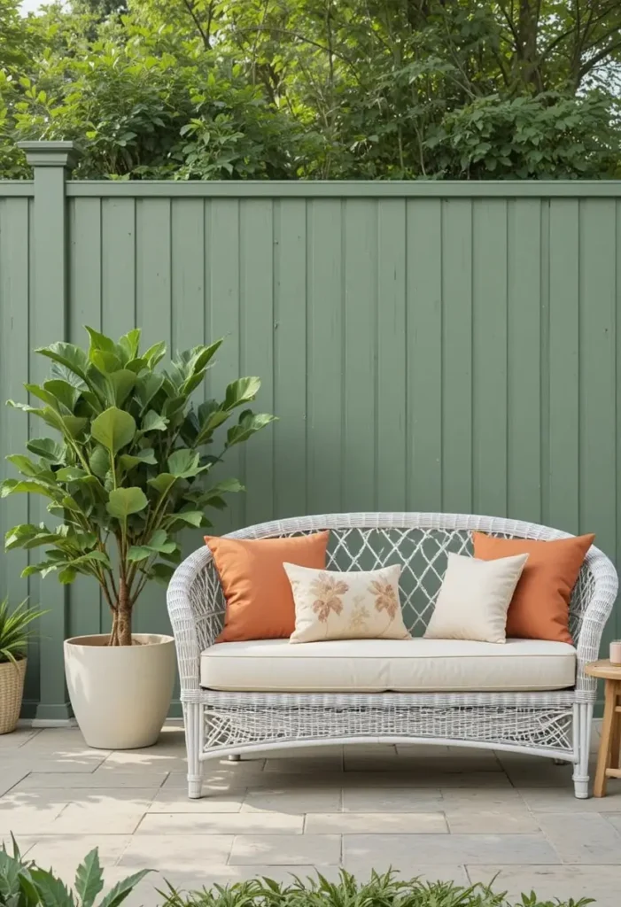 Patio with a sage green painted fence backdrop styled with white rattan sofa terracotta cushions and plants