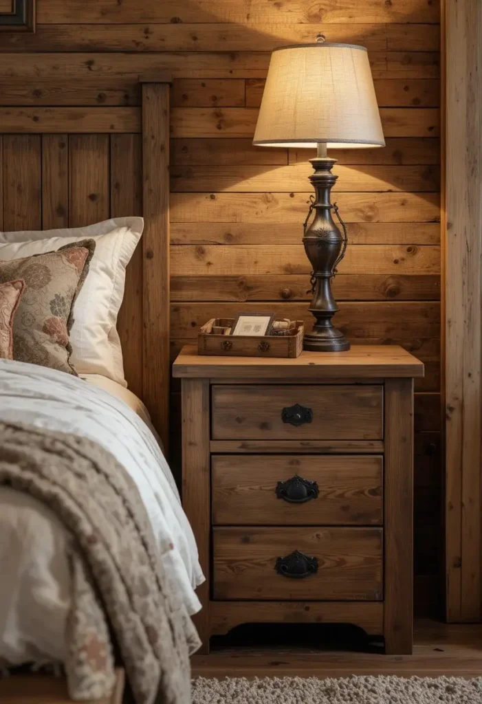 Rustic wooden nightstand with iron details in western bedroom
