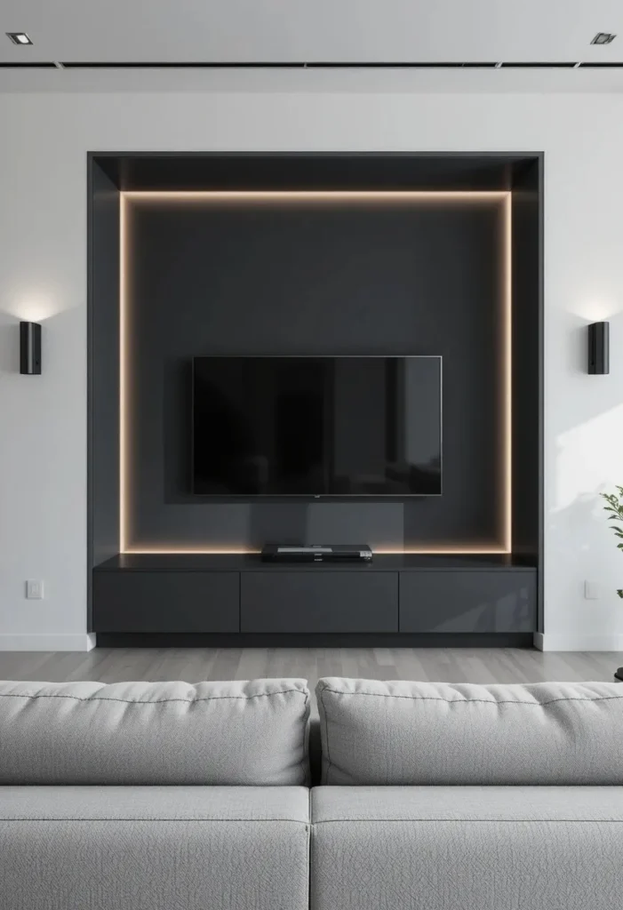 Recessed TV wall niche with deep grey interior LED lighting and clean architectural lines in a modern living room

