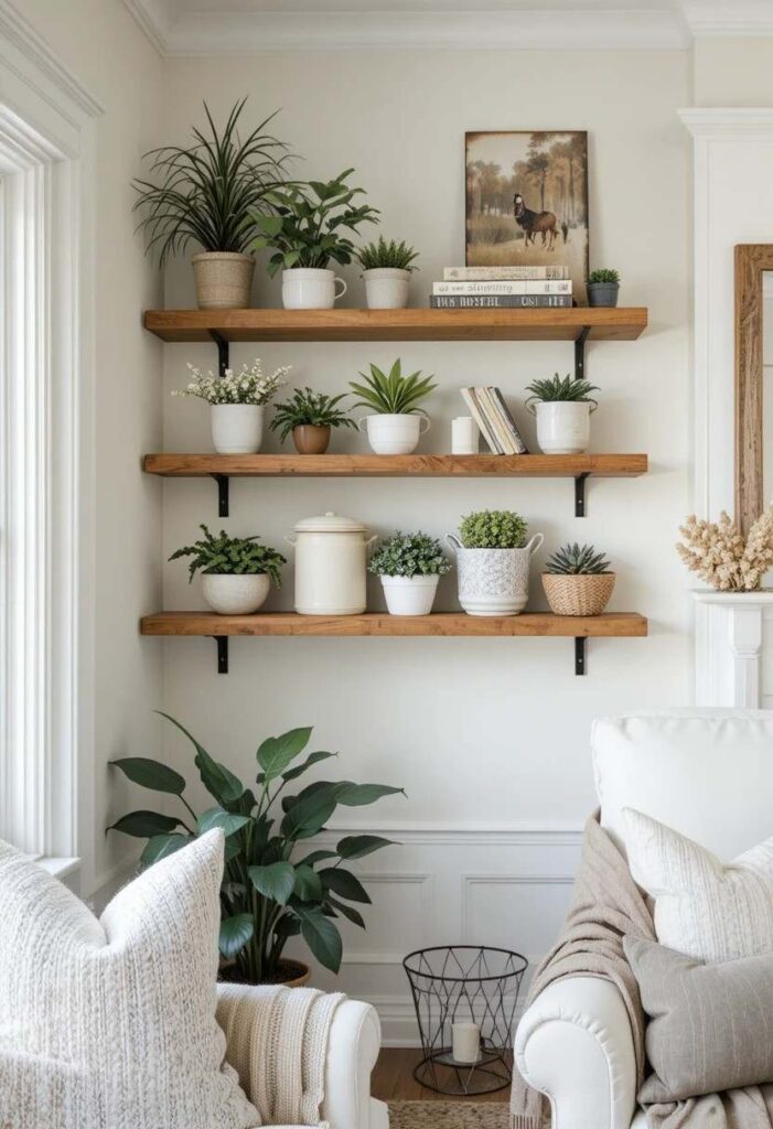 Farmhouse living room open wooden shelves styled with potted plants vintage crocks books wire basket and wooden sign