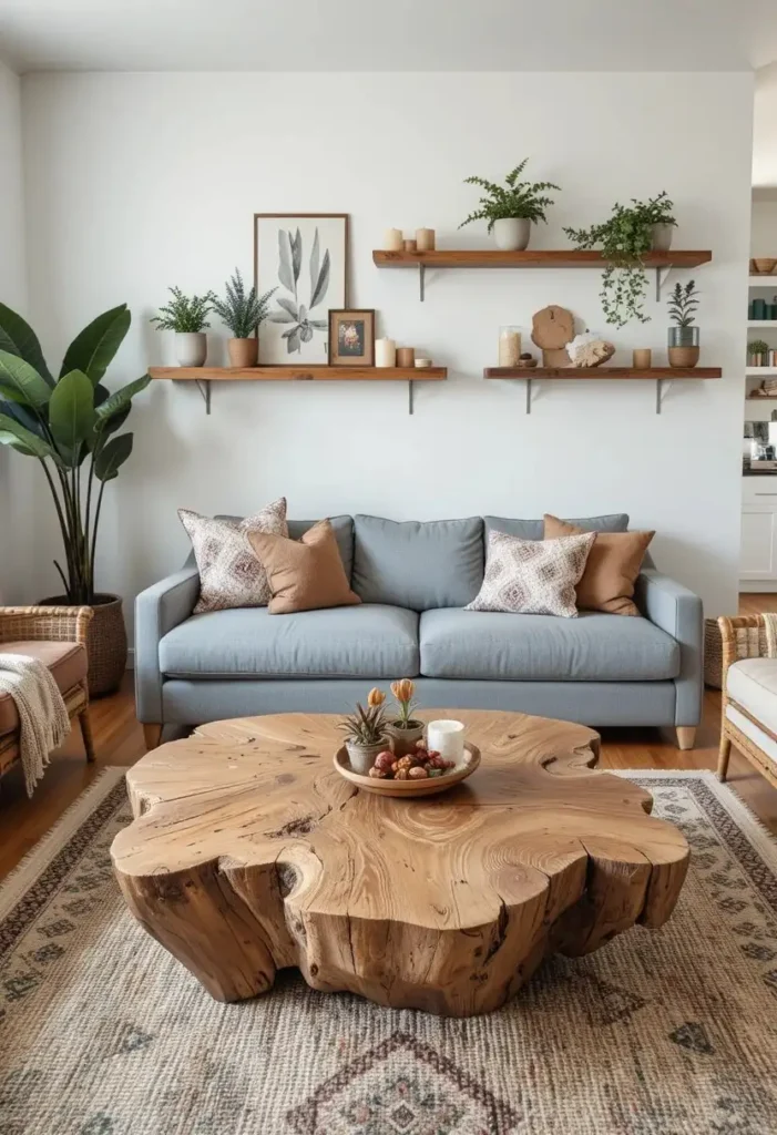 Boho living room with raw edge driftwood coffee table reclaimed wood shelves plants and candles on warm hardwood floor