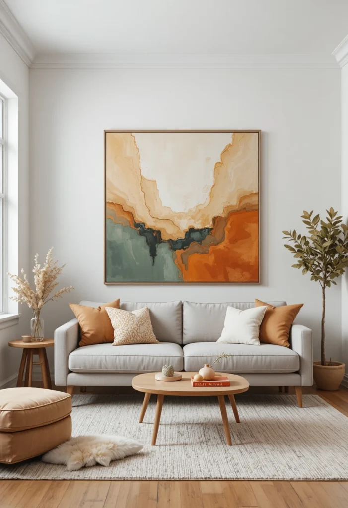 Large oversized abstract wall art in earthy tones hung above a sofa in a small living room creating a strong visual focal point.
