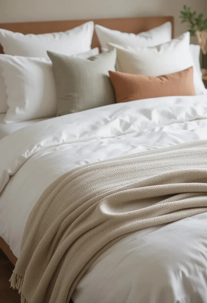 layered bedding bedroom ideas with mixed pillows and textured duvet