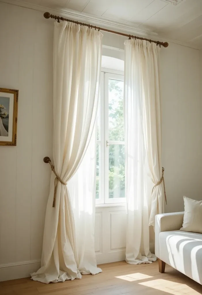 Farmhouse living room with long white linen curtains hung high tied back with jute rope and soft natural light flooding in