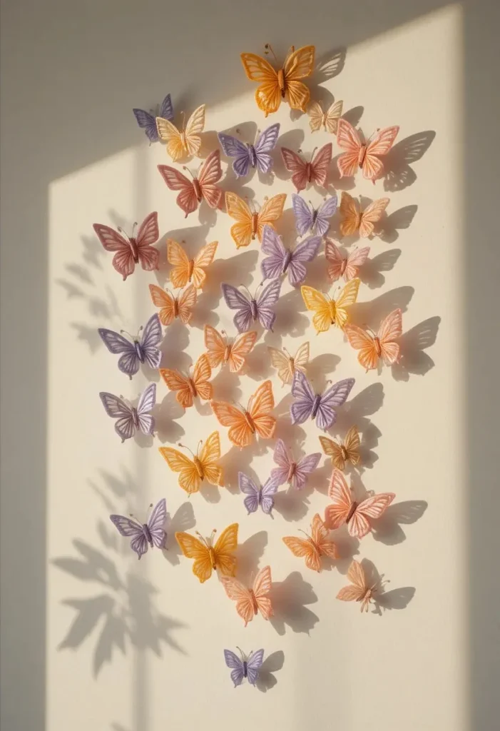 Cluster of small handmade pipe cleaner butterflies in pastel lavender yellow and peach pinned on a white bedroom wall
