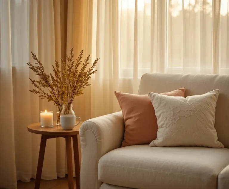 A cozy living room with a wooden side table beside a cream sofa holding a candle and coffee cup in warm natural light.