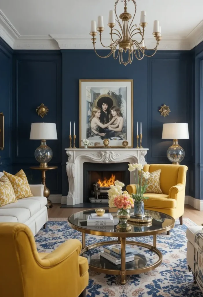 Boho yellow living room with natural textures and lush greenery.
