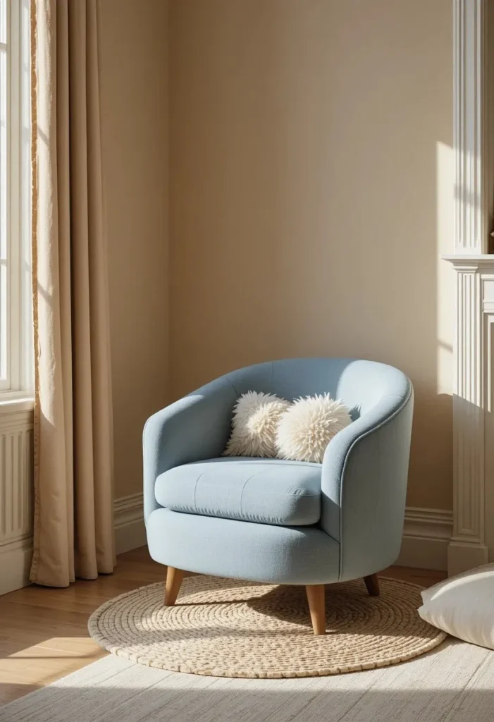 "Dusty blue barrel accent chair in a cozy living room corner with round rug and fluffy cushion"
