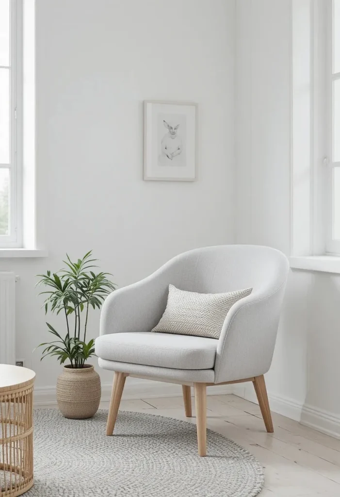 "Light grey Scandinavian accent chair with wooden legs in a calm minimal Nordic living room"