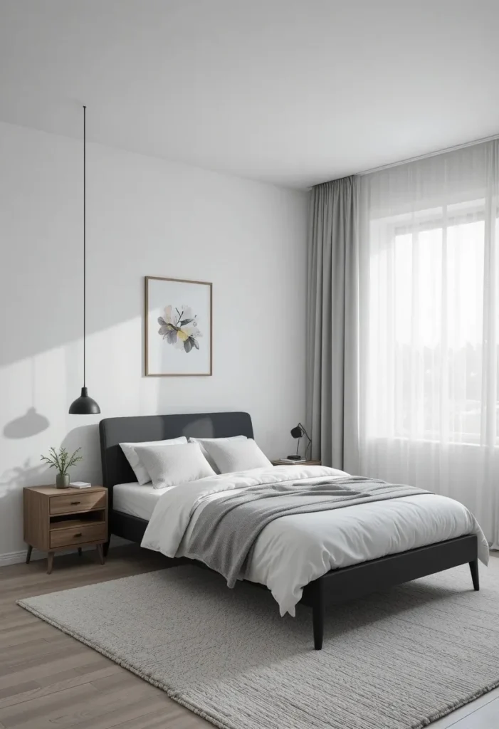 Clean minimalist men bedroom with grey tones black bed frame and natural light
