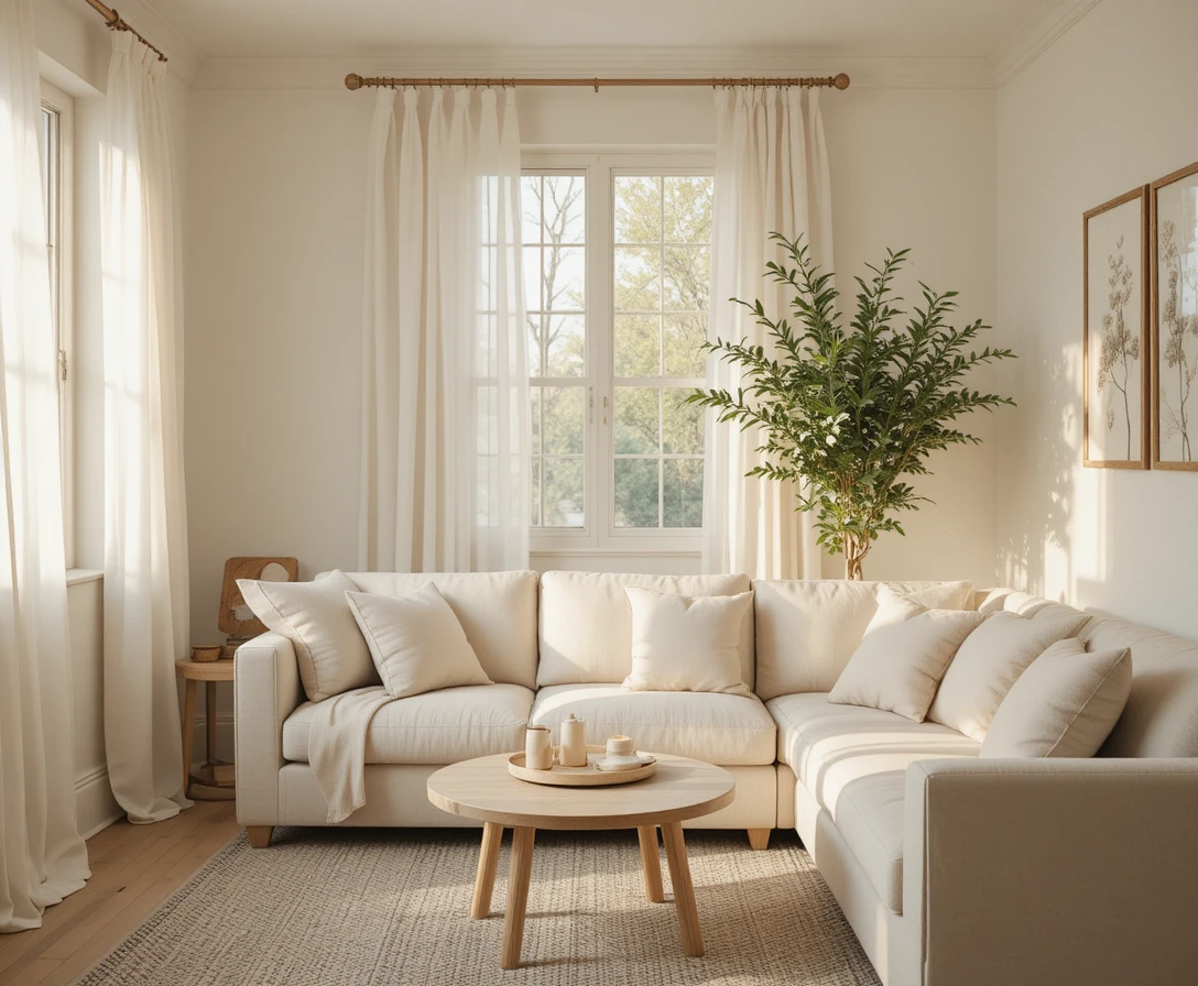 A warm and stylish small living room decorated with neutral tones, natural light, cozy textures, and minimal clutter showing that small spaces can be beautiful and inviting.