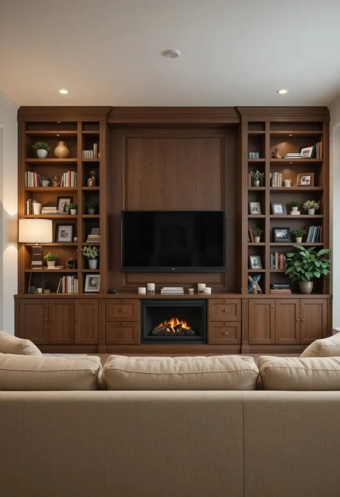 Classic built-in bookshelf TV wall with warm walnut wood shelves, colorful books, and plants in a cozy living room
