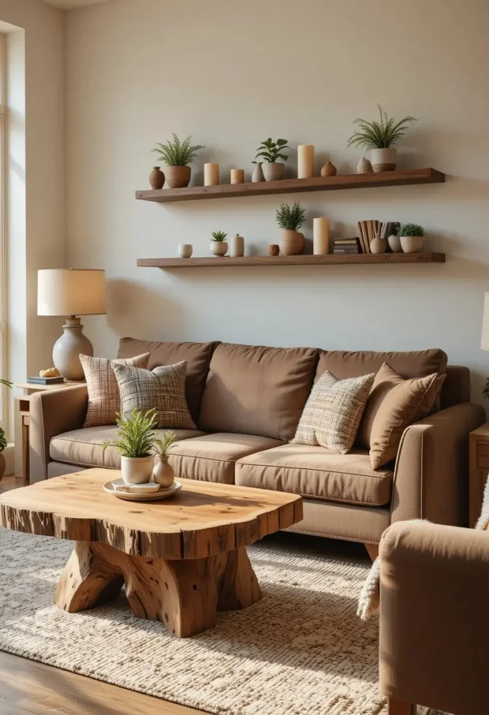 Brown couch living room with raw edge wooden coffee table walnut shelves oak side table and warm natural wood accents