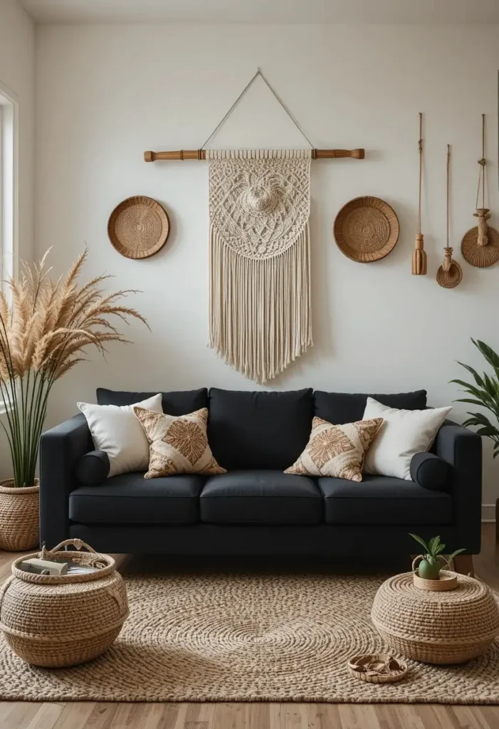 Black couch living room with boho woven and macrame decor

