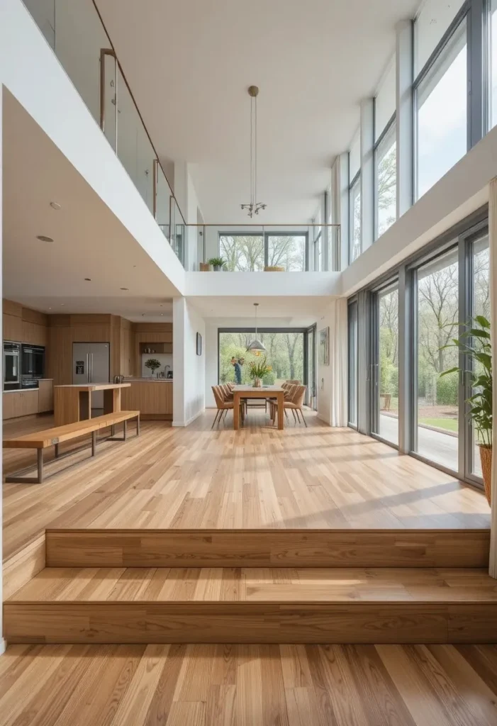 Open plan modern home with a sunken living room zone separated by warm oak steps and a low wooden rail border