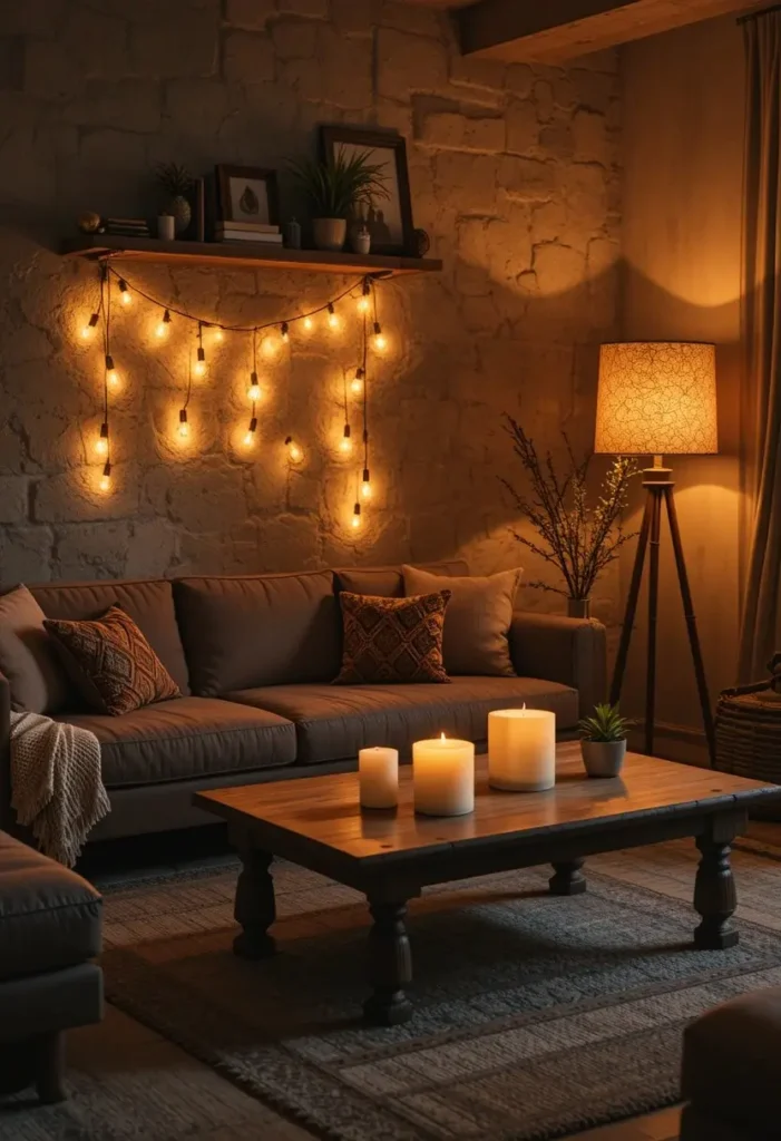 Boho living room evening ambiance with Edison string lights candles and warm floor lamp creating golden cozy glow