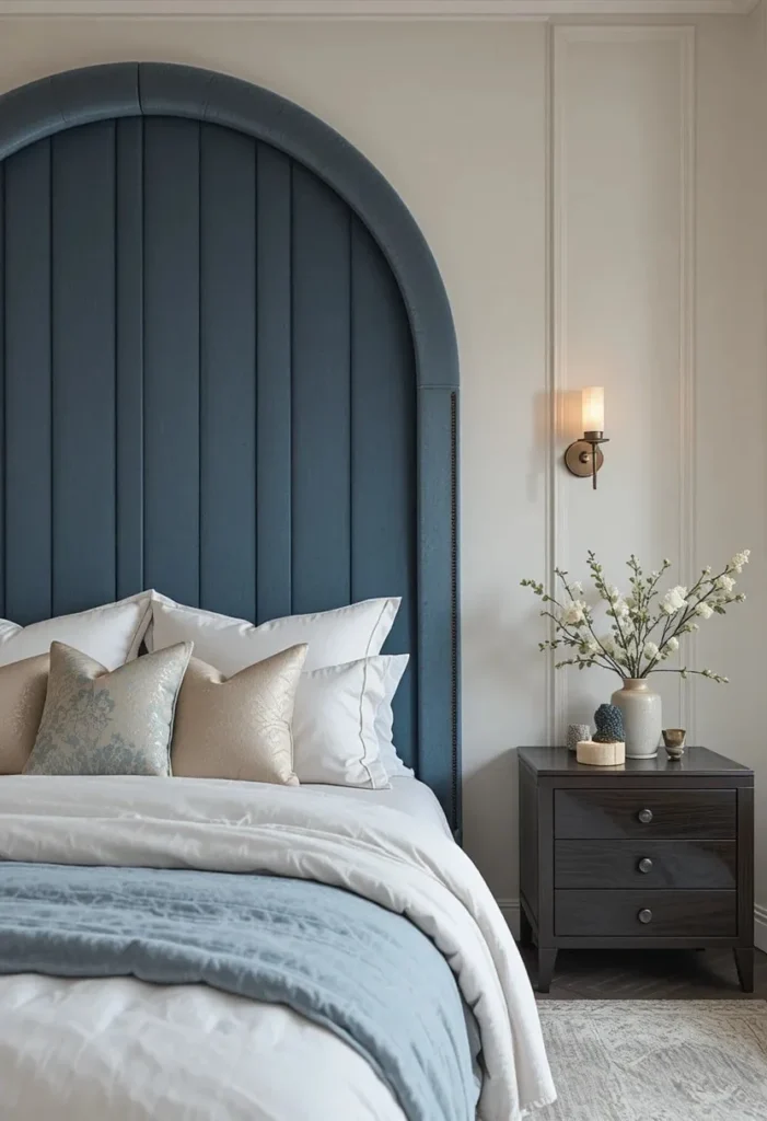 statement upholstered headboard bedroom ideas in dusty blue velvet
