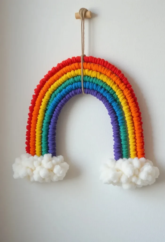 Handmade pipe cleaner rainbow wall hanging in classic colors with white cotton ball clouds on each end displayed on a bright white nursery wall.
