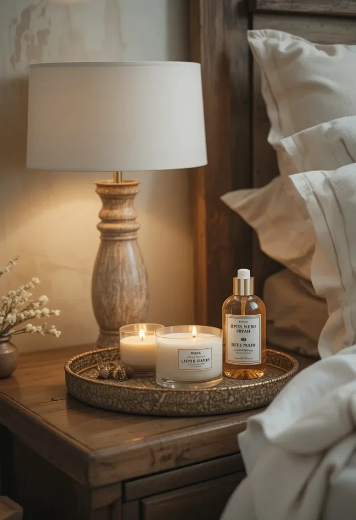  bedroom scent decor ideas with candle and reed diffuser on nightstand
