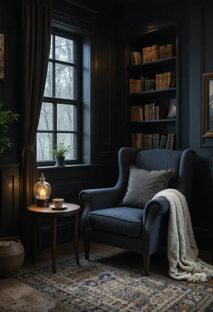Black living room cozy reading nook with charcoal armchair warm table lamp wooden side table and bookshelf