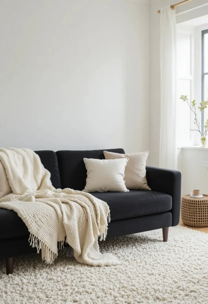 Black couch with cream and beige layered textiles for a soft look
