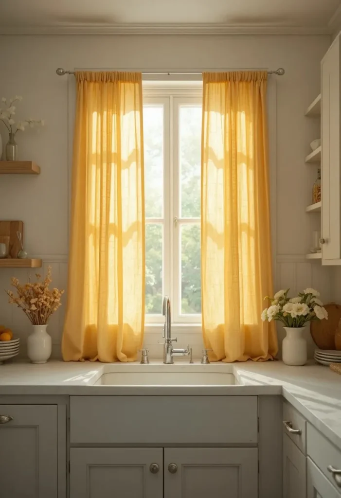 Soft yellow kitchen curtains framing a sunny window in a bright kitchen.
