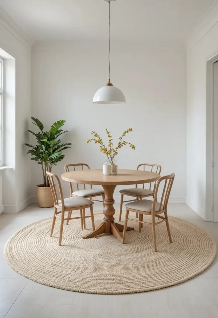  Cream low-pile rug defining the dining zone in a small open-plan dining room with a round wooden table and slim chairs.