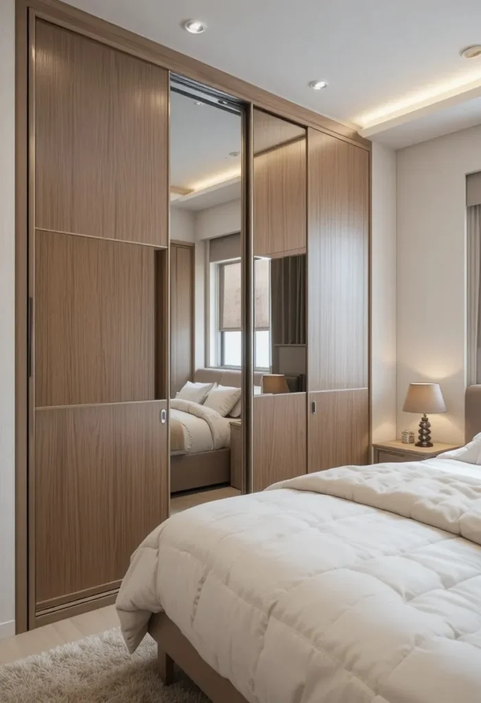 Luxury walk-in wardrobe connected to bedroom, open shelves, hanging rails, soft ambient lighting, velvet ottoman in center, boutique dressing room style
