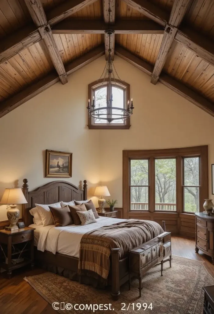 Western bedroom with exposed wooden ceiling beams and rustic charm
